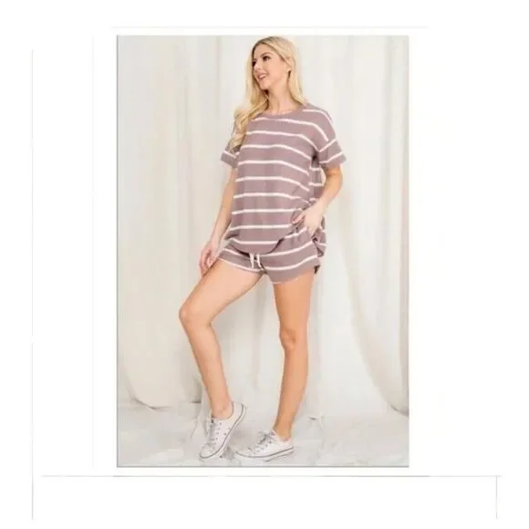 Mocha Short Sleeve Striped Top and Short Set  Sizes M-L-XL - Picture 2 of 7